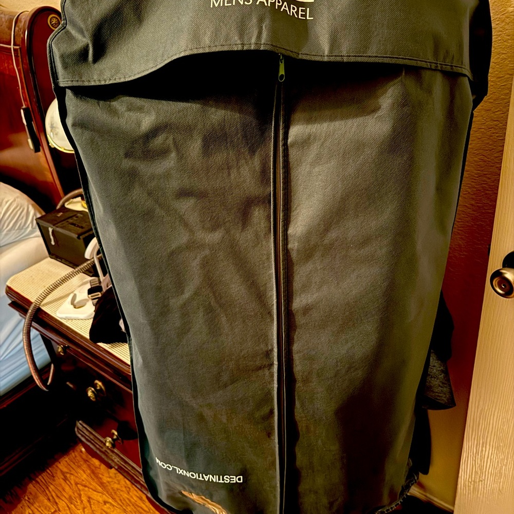 60% wool blend dark navy London Fog style mid-thigh winter jacket w/ suit bag